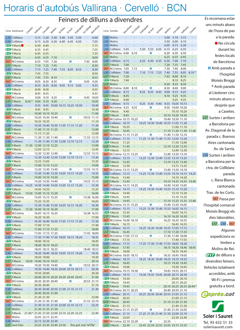 horaris feiners autobús interurbà de Vallirana i Cervelló